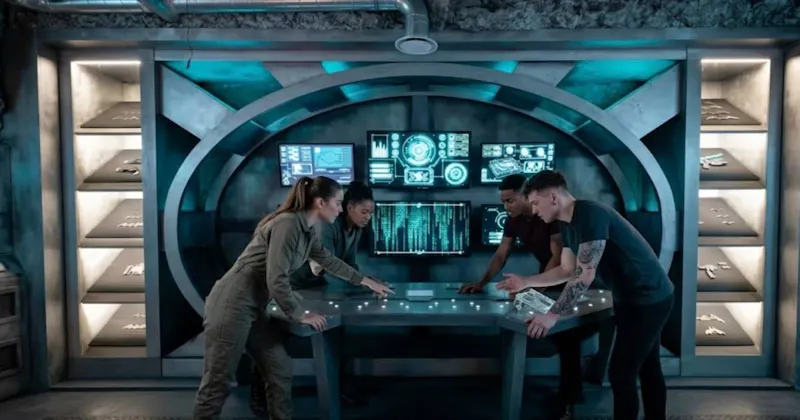 Groupe d'amis dans un escape game immersif, en pleine action